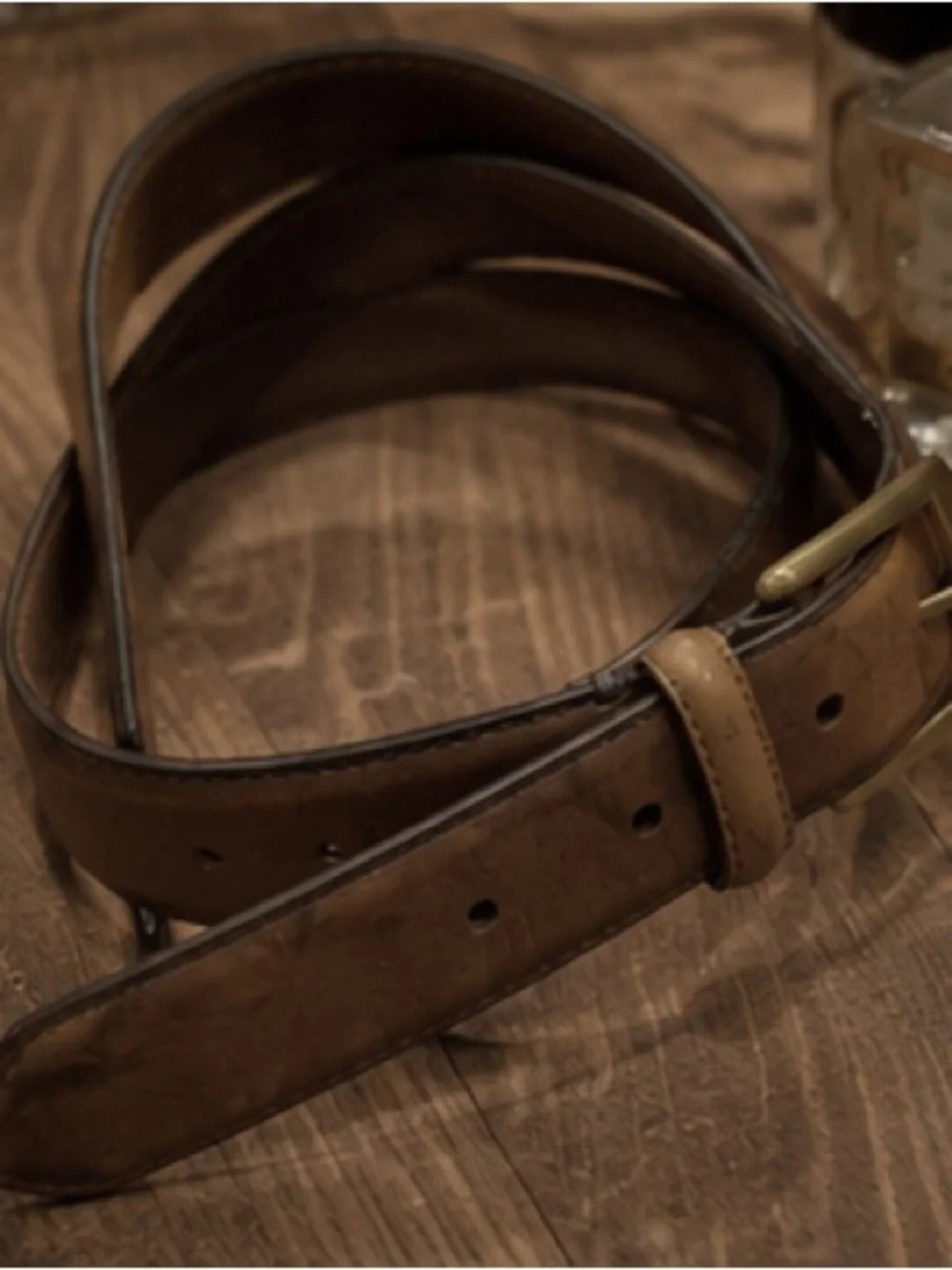 Genuine Leather Brown Belt Brass Buckle Distressed Vintage Style Minimalist